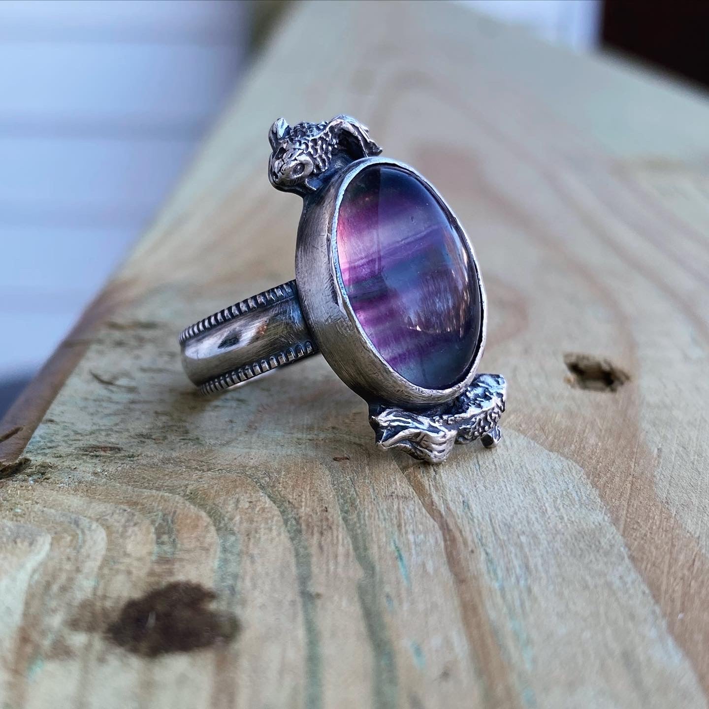 Sterling Silver Fish Ring With Fluorite
