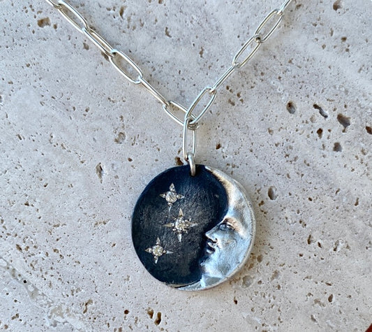 Moon and stars sterling silver necklace on 20” chain